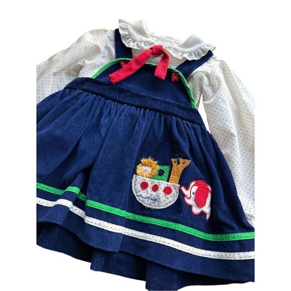 Vintage Baby Girl Navy Blue Corduroy Jumper/Dress & Polka Dot Collard Blouse - Picture 5 of 13